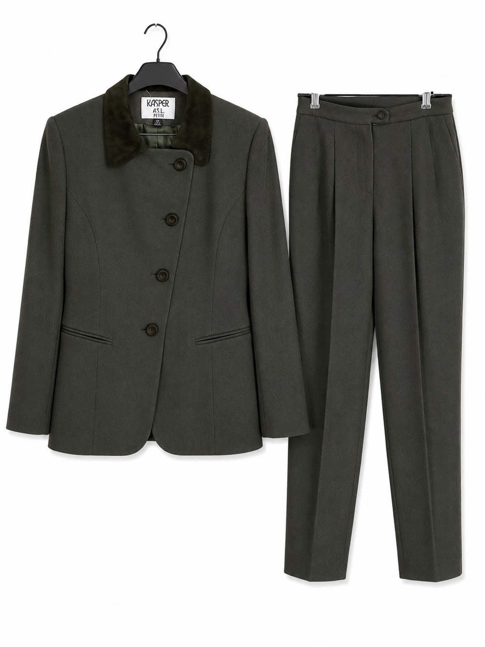 Kasper A.S.L Petite Wool Suit Blazer and Pants Women’s Size 10P Olive Green